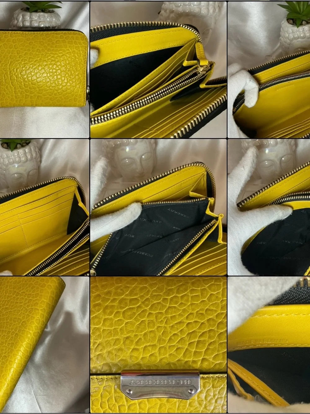 Preloved Burberry Yellow Pebble Leather Zip-Around Wallet Gold Hardware